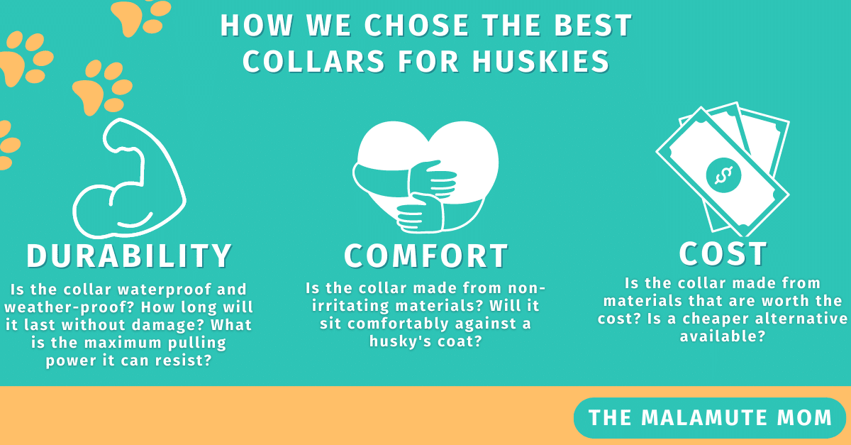 A custom graphic which reads 'how we chose the best dog collar for huskies: durability, comfort, cost'.